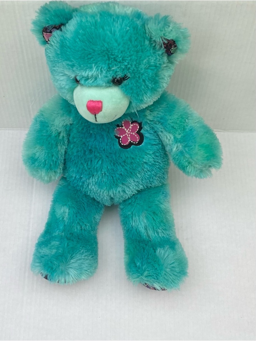 Build-A-Bear Teal Plush Bear with Pink Flower Patch and Pink Nose💚⭐️🩵